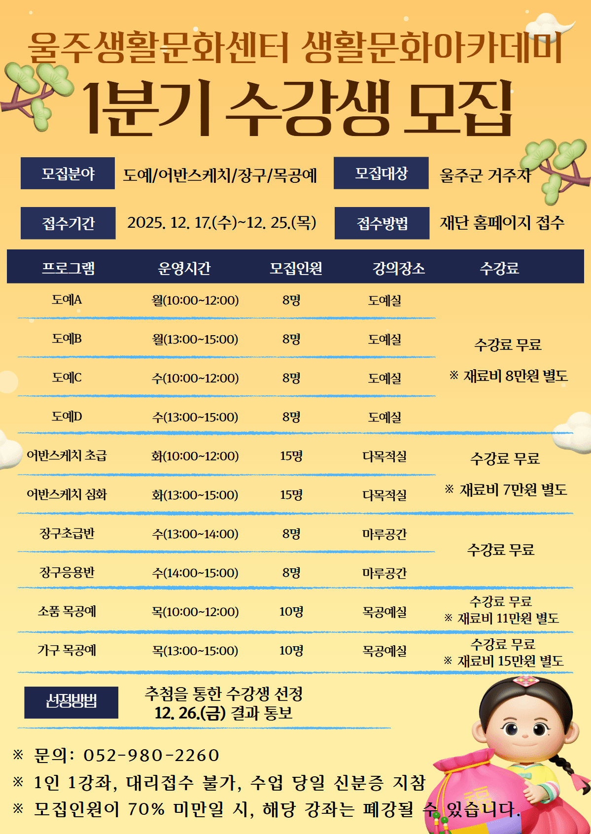 2026년 울주생활문화센터 1분기 생활문화 아카데미